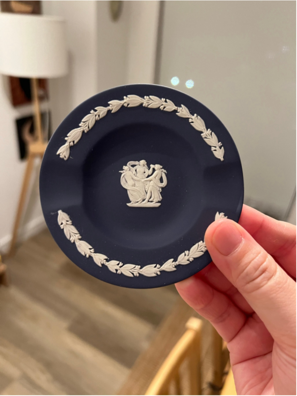 Wedgwood Navy Blue Jasperware Trinket Dish Ashtray White "Dancing Hours" Relief